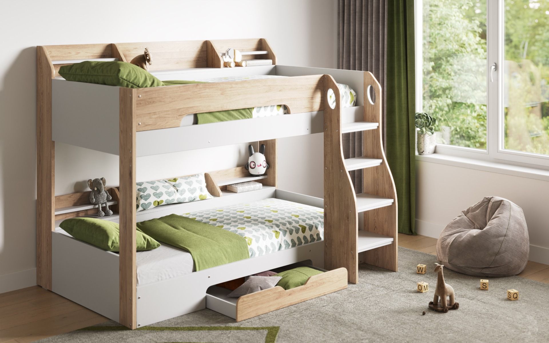 Flair Flick Bunk Bed with Shelves And Drawer - Oak