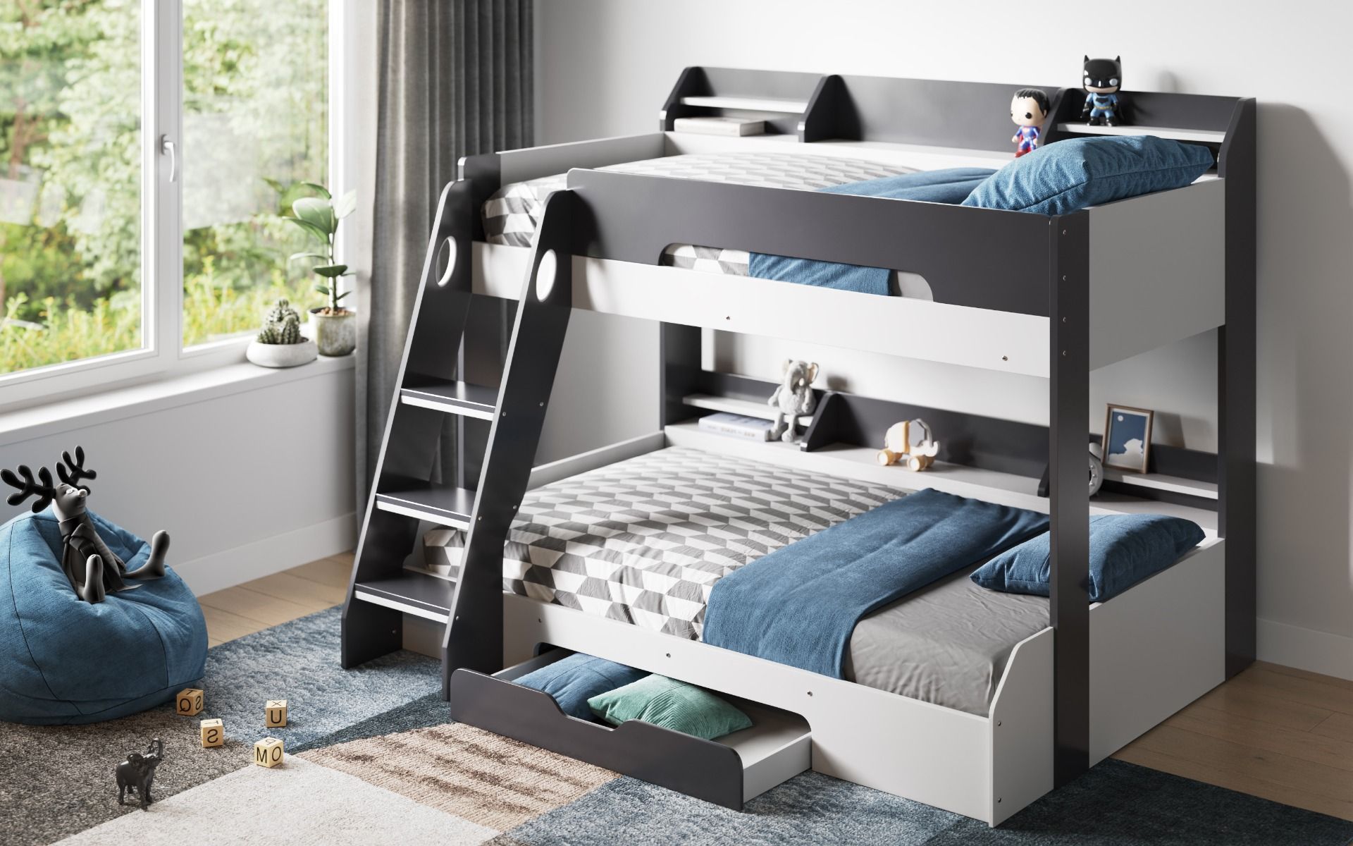 Flair Flick Triple Bunk Bed with Shelves And Drawer - Grey