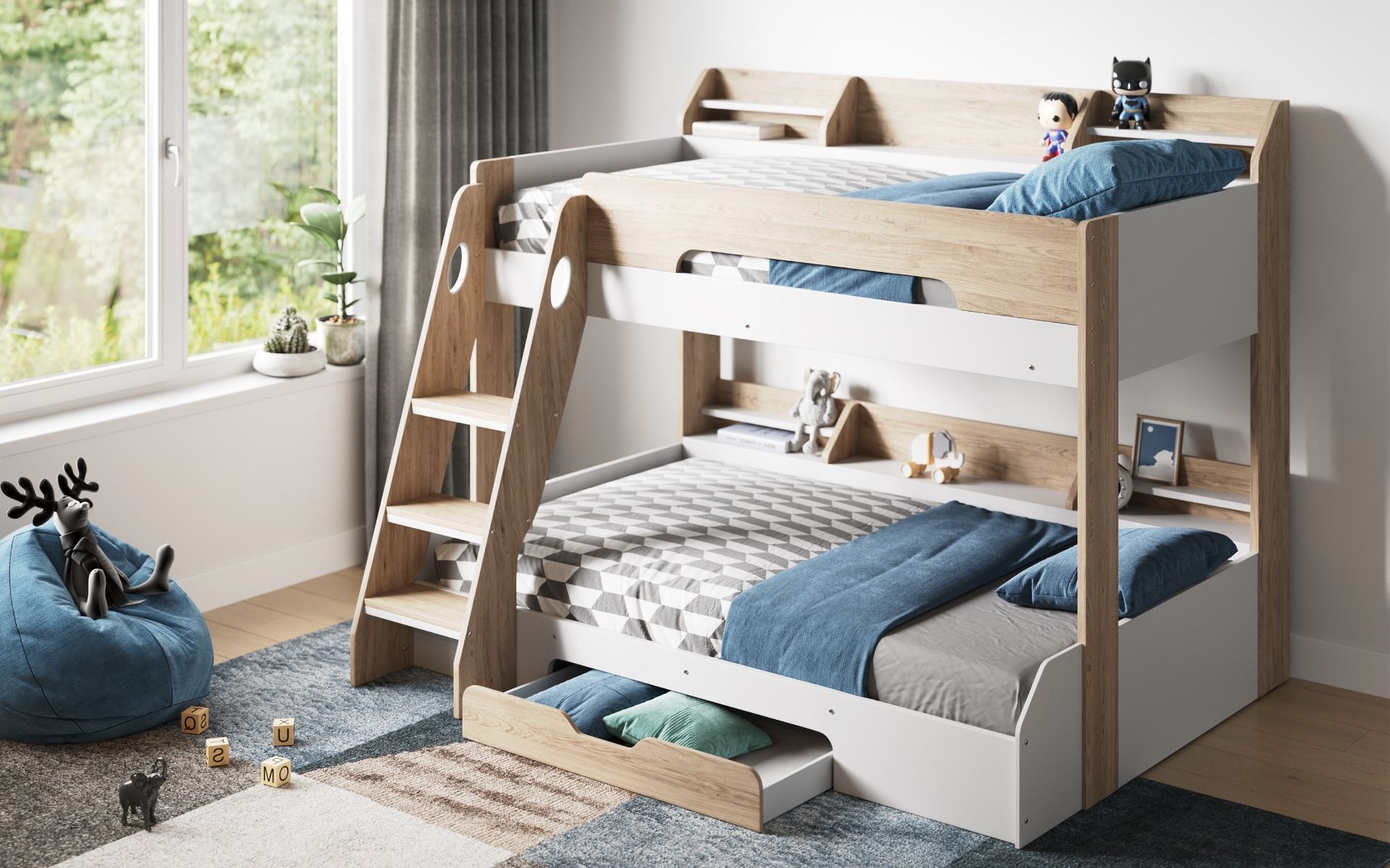 Flair Flick Triple Bunk Bed with Shelves And Drawer - Oak