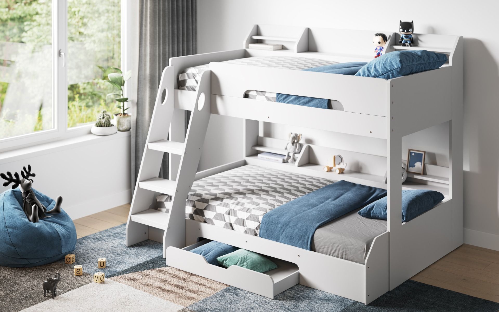 Flair Flick Triple Bunk Bed with Shelves And Drawer - White