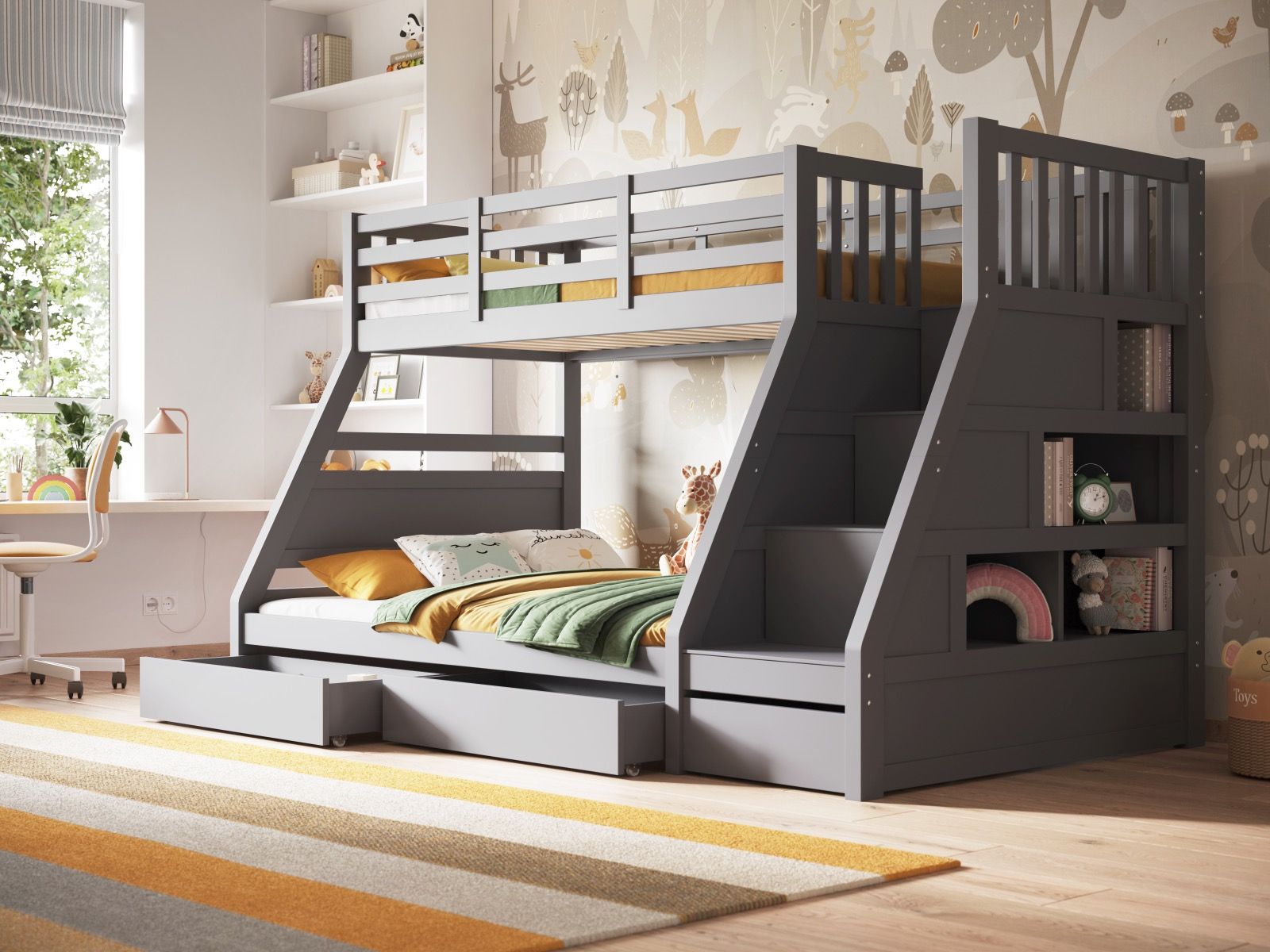 Flair Lunar Staircase Triple Bunk Bed With Shelves - Grey
