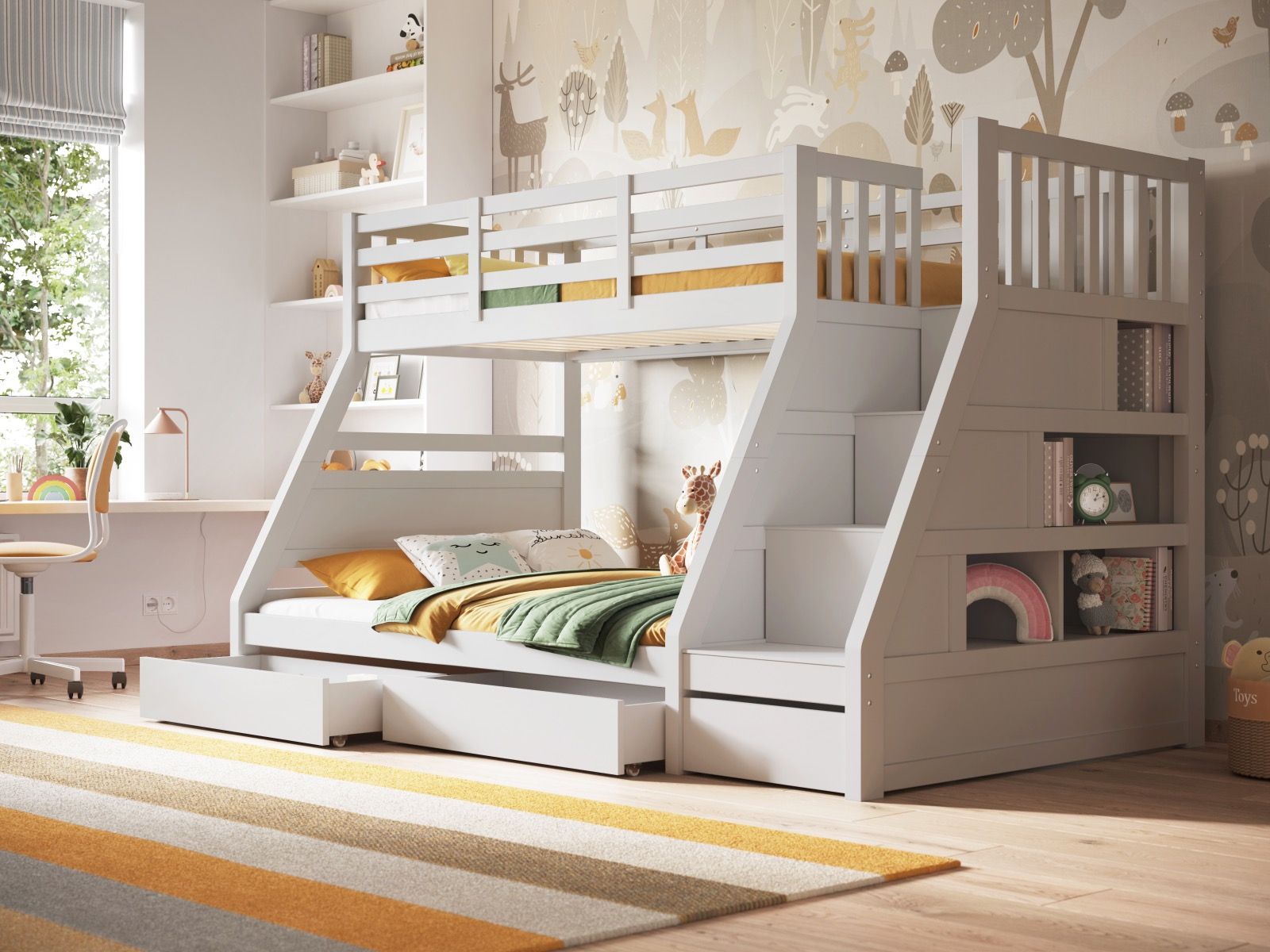Flair Lunar Staircase Triple Bunk Bed With Shelves - White
