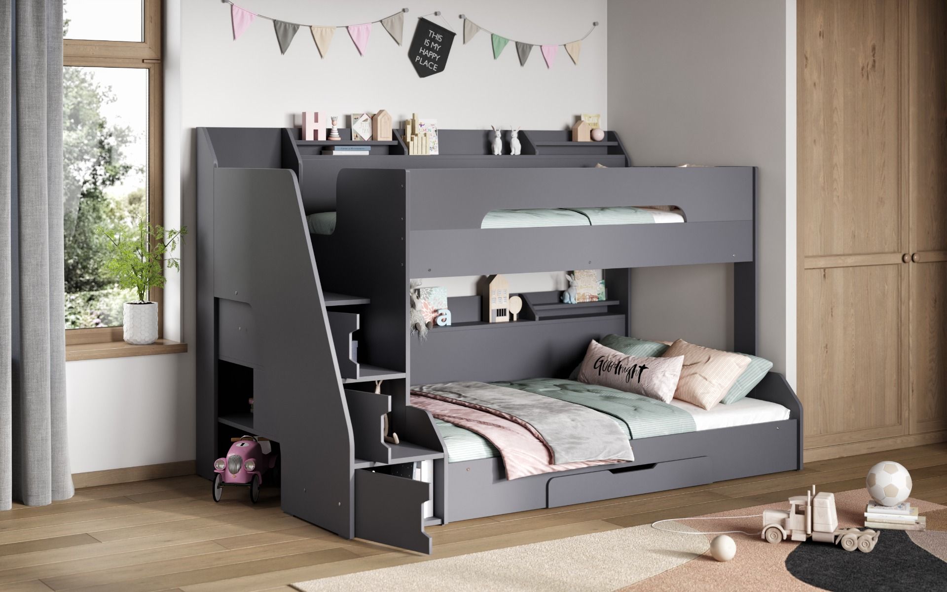 Flair Slick Staircase Triple Bunk Bed  With Shelves - Grey