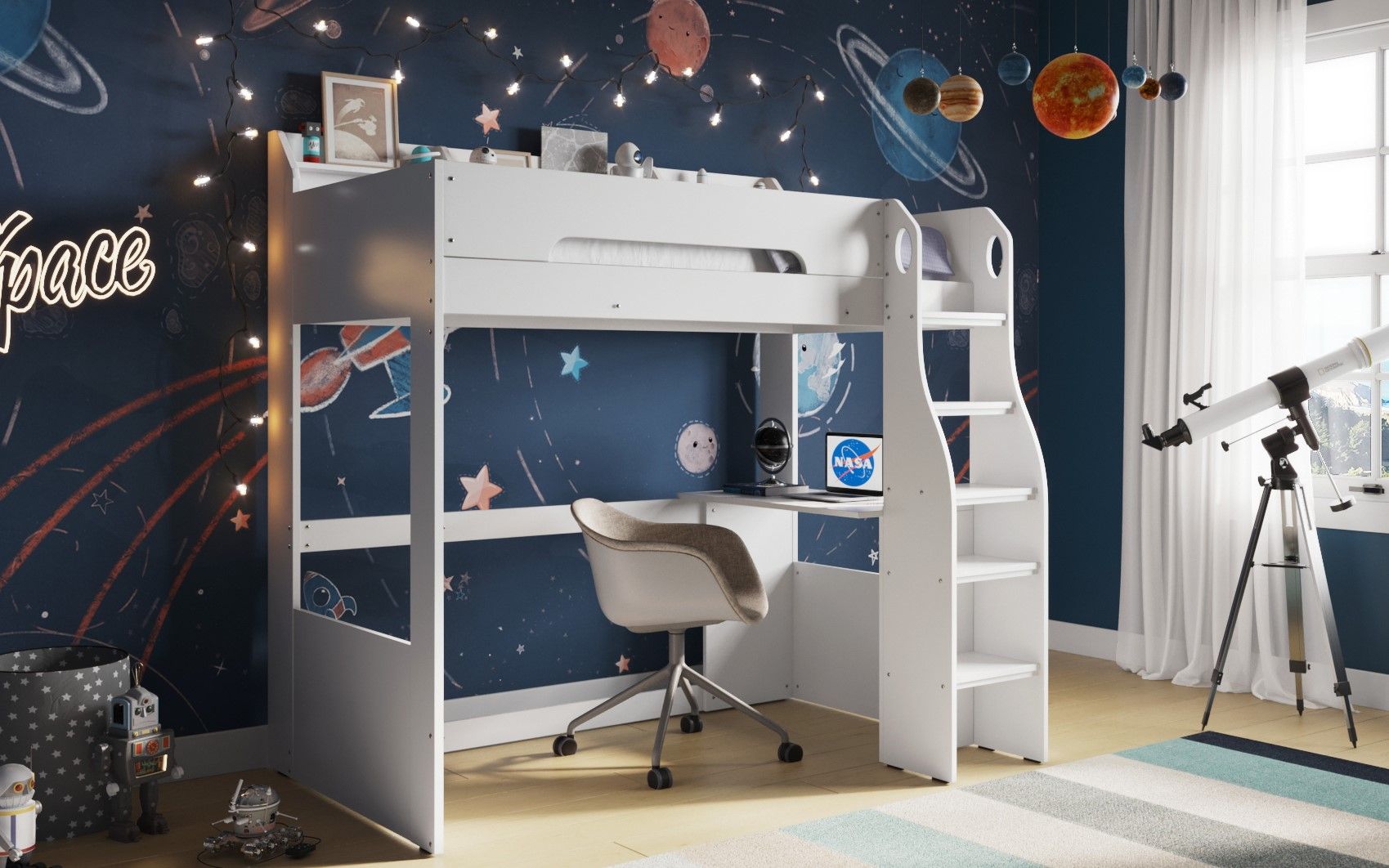 Flair Cosmic High Sleeper Frame with Desk - White